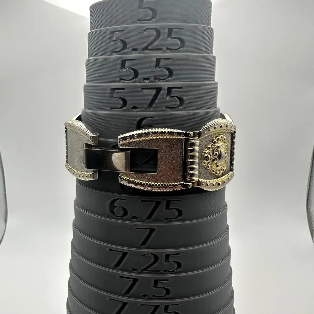 Xanadu Quartz Watch Two Tone Gold Silver Ornate Link Bracelet Black Dial
